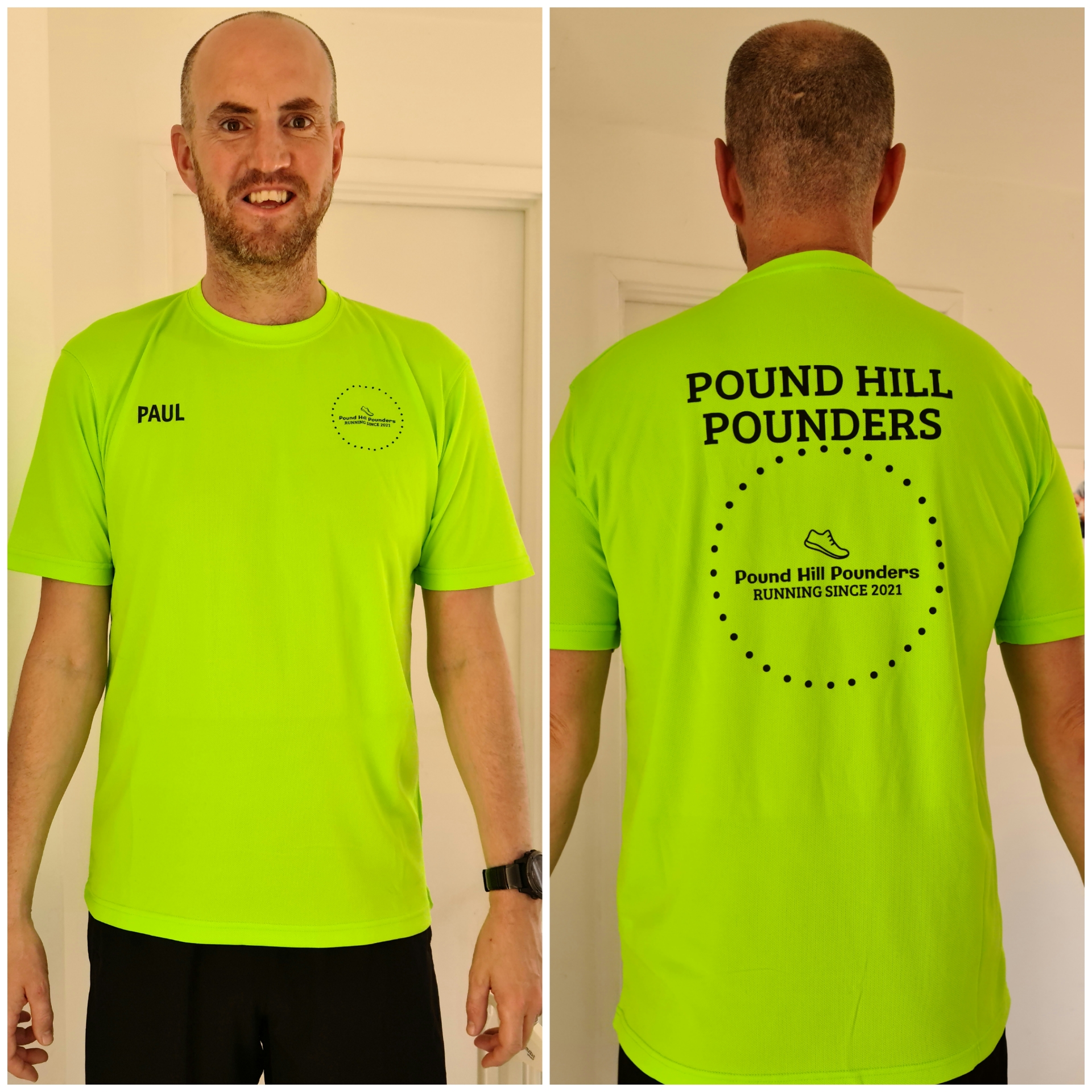 paul modelling a green running tshirt