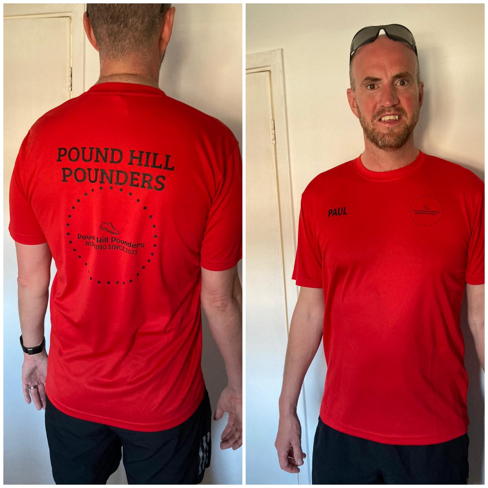paul modelling a red running tshirt
